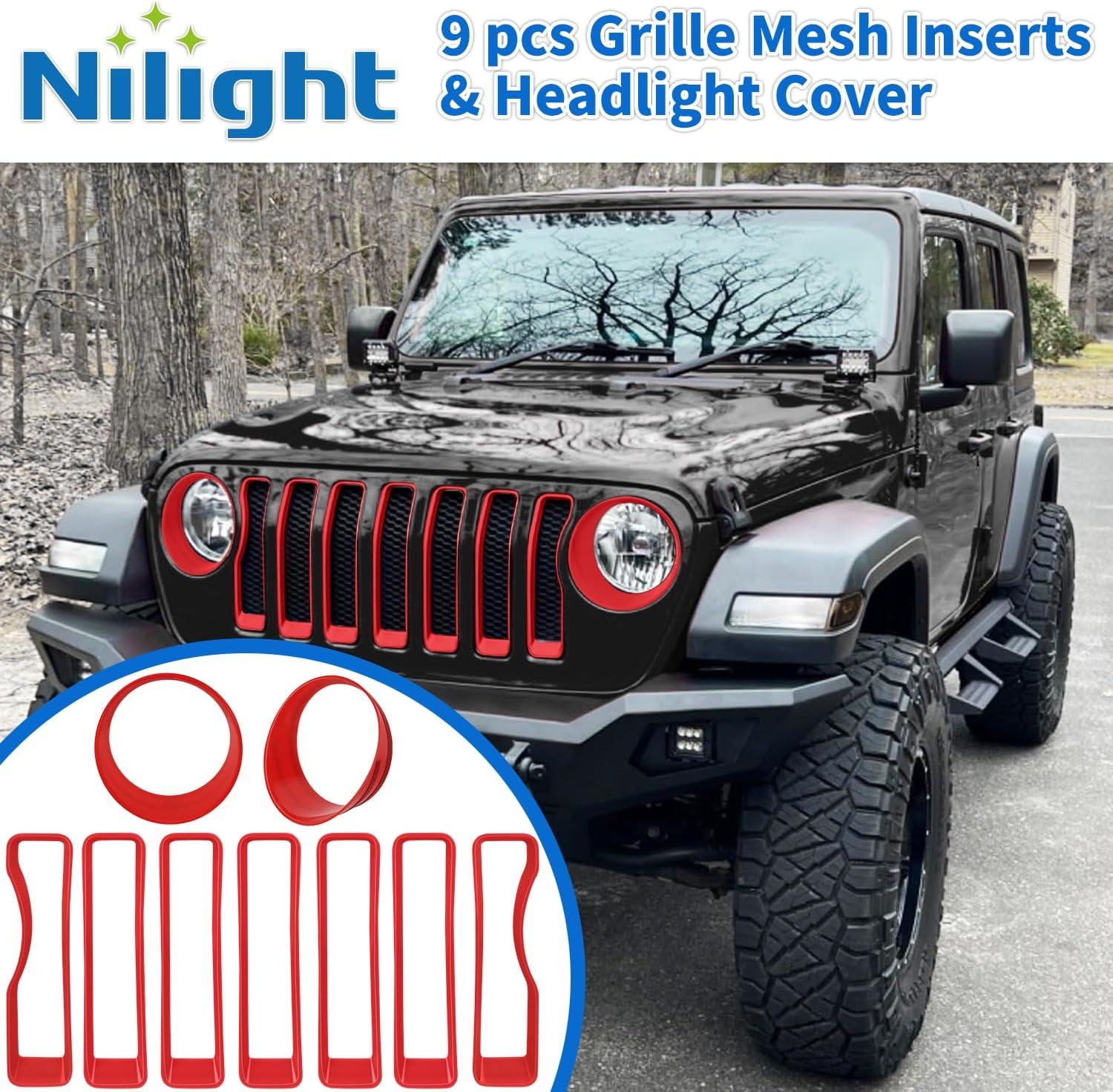 imageNilight Grill Inserts fit for Jeep Wrangler Front Grille Mesh Inserts ampamp Headlight Cover Set for JK JKU Unlimited Sports Sahara Freedom Rubicon 20072018 Clipin Trim Exterior Accessories Red 9 PcsJeep Wrangler JL 20182023 Red
