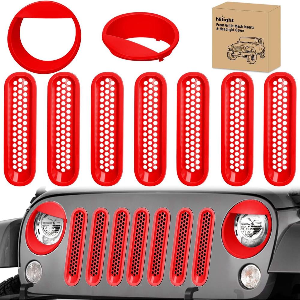 imageNilight Grill Inserts fit for Jeep Wrangler Front Grille Mesh Inserts ampamp Headlight Cover Set for JK JKU Unlimited Sports Sahara Freedom Rubicon 20072018 Clipin Trim Exterior Accessories Red 9 PcsJeep Wrangler JK 20072018 Red