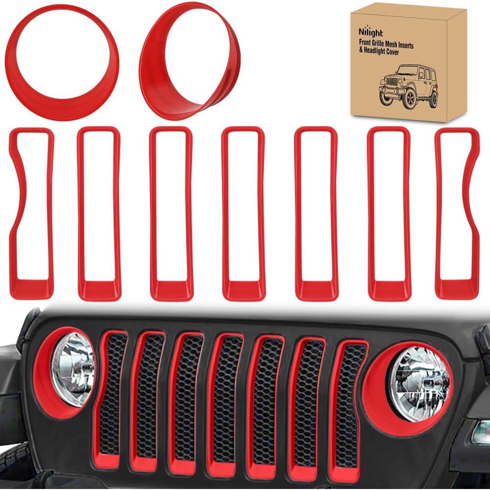 imageNilight Grill Inserts fit for Jeep Wrangler Front Grille Mesh Inserts ampamp Headlight Cover Set for JK JKU Unlimited Sports Sahara Freedom Rubicon 20072018 Clipin Trim Exterior Accessories Red 9 PcsJeep Wrangler JL 20182023  Red