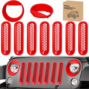 Nilight Grill Inserts fit for Jeep Wrangler Front Grille Mesh Inserts & Headlight Cover Set for JK JKU Unlimited Sports Sahara Freedom Rubicon 2007-2018 Clip-in Trim Exterior Accessories Red 9 Pcs(Jeep Wrangler JK 2007-2018  Red)