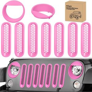 Nilight Grill Inserts fit for Jeep Wrangler Front Grille Mesh Inserts & Headlight Cover Set for JK JKU Unlimited Sports Sahara Freedom Rubicon 2007-2018 Clip-in Trim Exterior Accessories Red 9 Pcs(Jeep Wrangler JK 2007-2018  Pink)