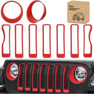 Nilight Grill Inserts fit for Jeep Wrangler Front Grille Mesh Inserts & Headlight Cover Set for JK JKU Unlimited Sports Sahara Freedom Rubicon 2007-2018 Clip-in Trim Exterior Accessories Red 9 Pcs(Jeep Wrangler JL 2018-2023  Red)