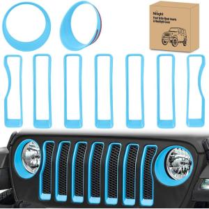 Nilight Grill Inserts fit for Jeep Wrangler Front Grille Mesh Inserts & Headlight Cover Set for JK JKU Unlimited Sports Sahara Freedom Rubicon 2007-2018 Clip-in Trim Exterior Accessories Red 9 Pcs(Jeep Wrangler JL 2018-2023  Blue)