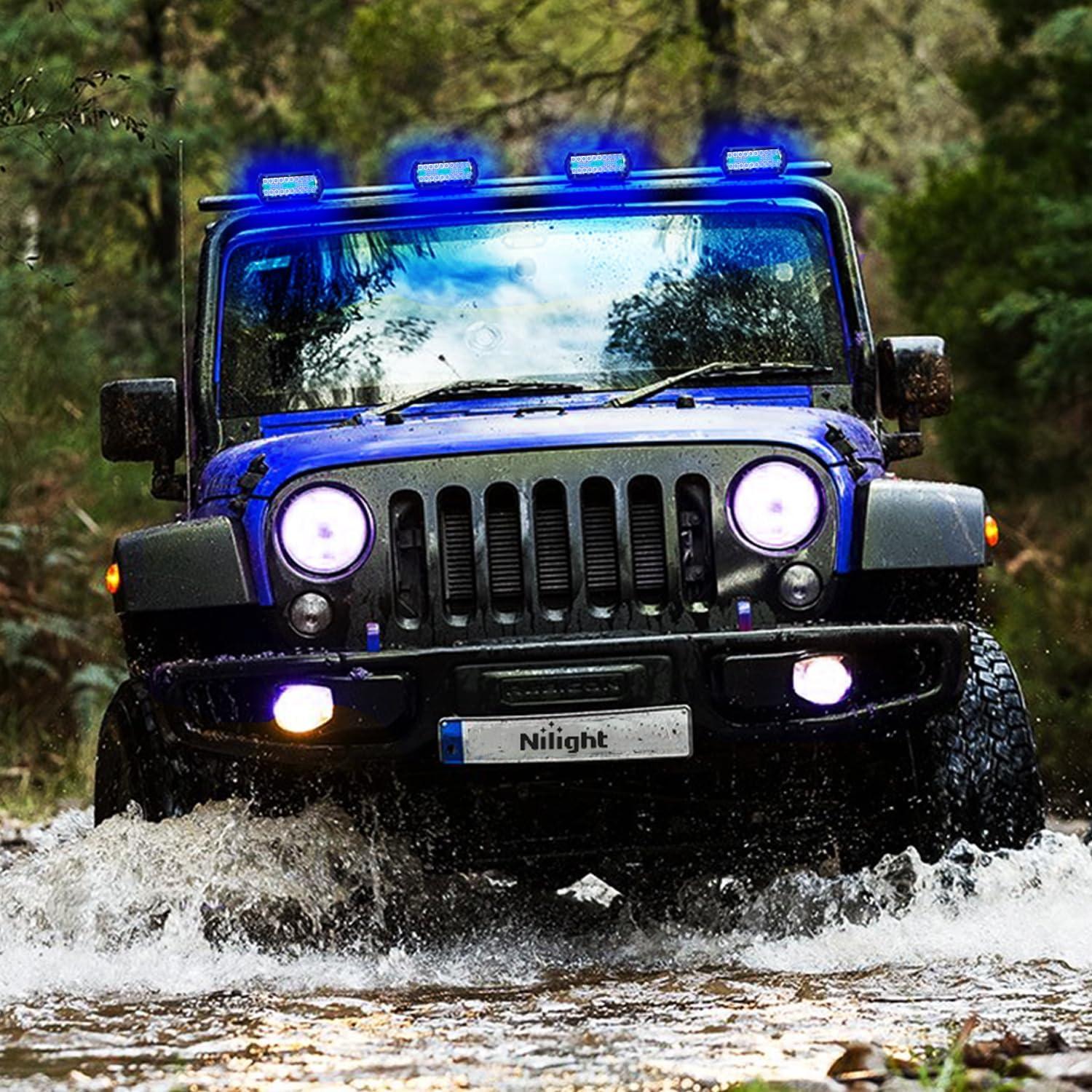 imageNilight LED Light Bar 4Inch 48W Square Portable Flood Pod Cigarette Lighter Powered with Wiring Magnetic Base 16LEDs Fog Driving Work Roof Bumper Lights for Truck Tractor Golf Cart UTV2Pcs Led Pods Blue