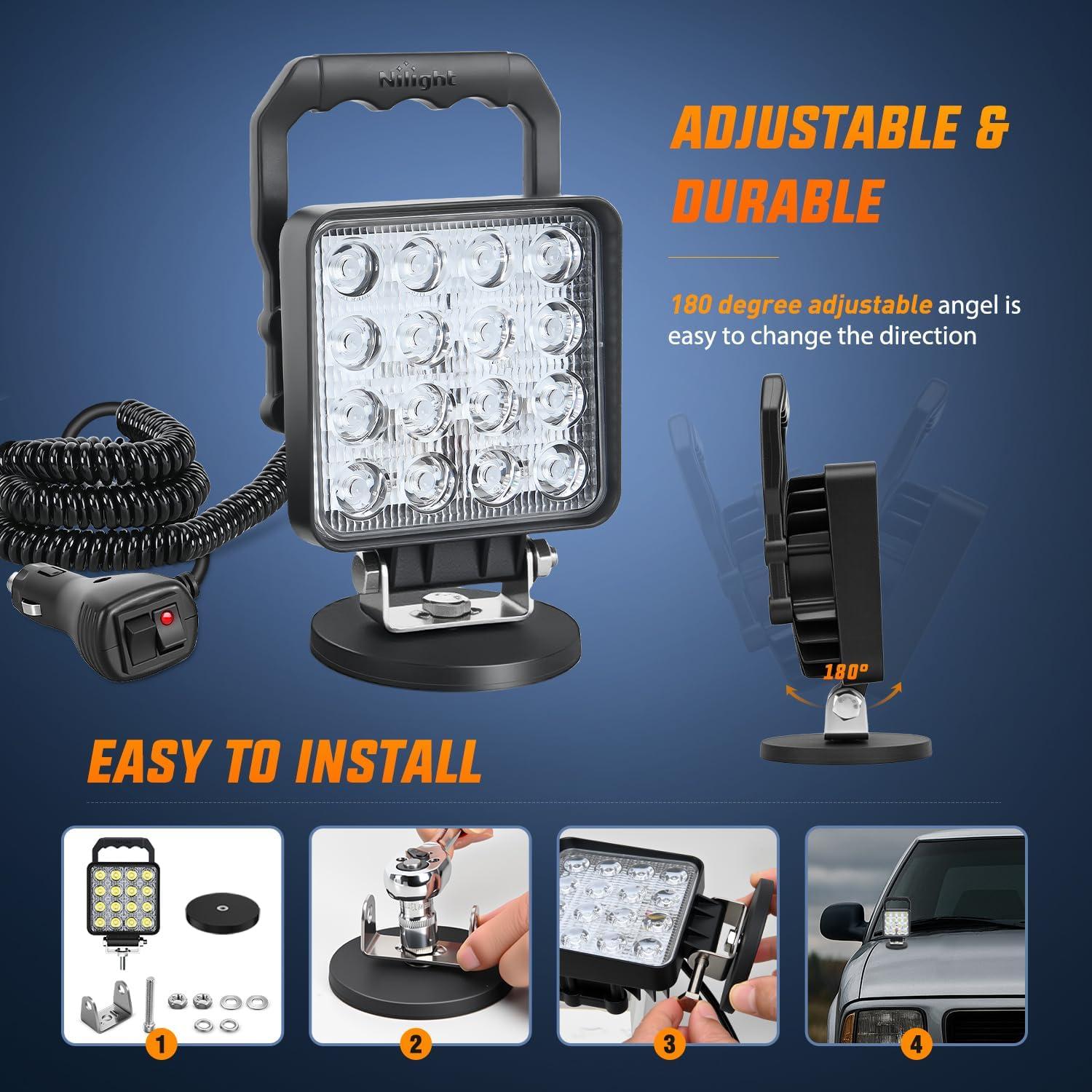 imageNilight LED Light Bar 4Inch 48W Square Portable Flood Pod Cigarette Lighter Powered with Wiring Magnetic Base 16LEDs Fog Driving Work Roof Bumper Lights for Truck Tractor Golf Cart UTVWhite Beam Square Led Pod with Cigarette Lighter Wiring