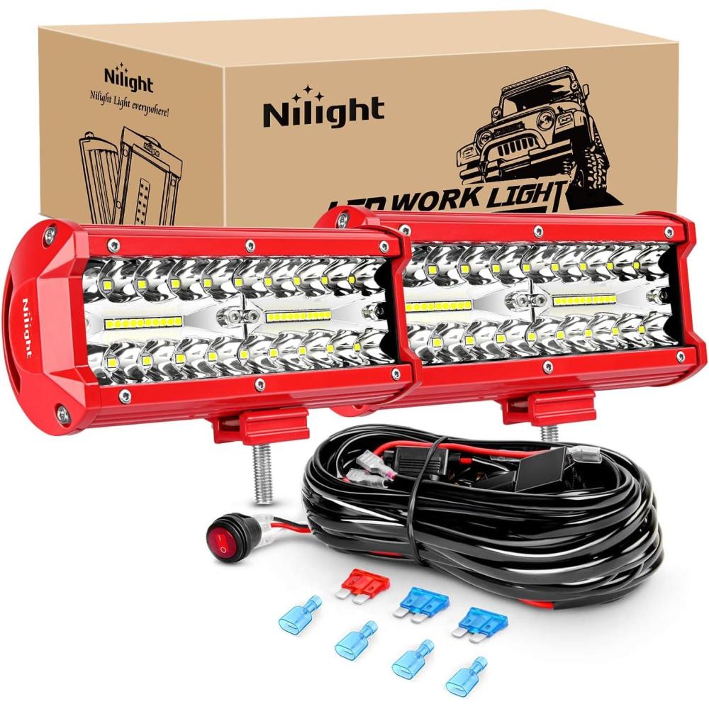 imageNilight 65Inch OffRoad LED Light Bar 2PCS 120W 3 Lighting Modes WhiteAmberWhiteampampAmber Driving Fog Light Spot Flood Lights with 18AWG Wiring Harness for Truck Car ATV SUV Jeep BoatRed Shell with White Light