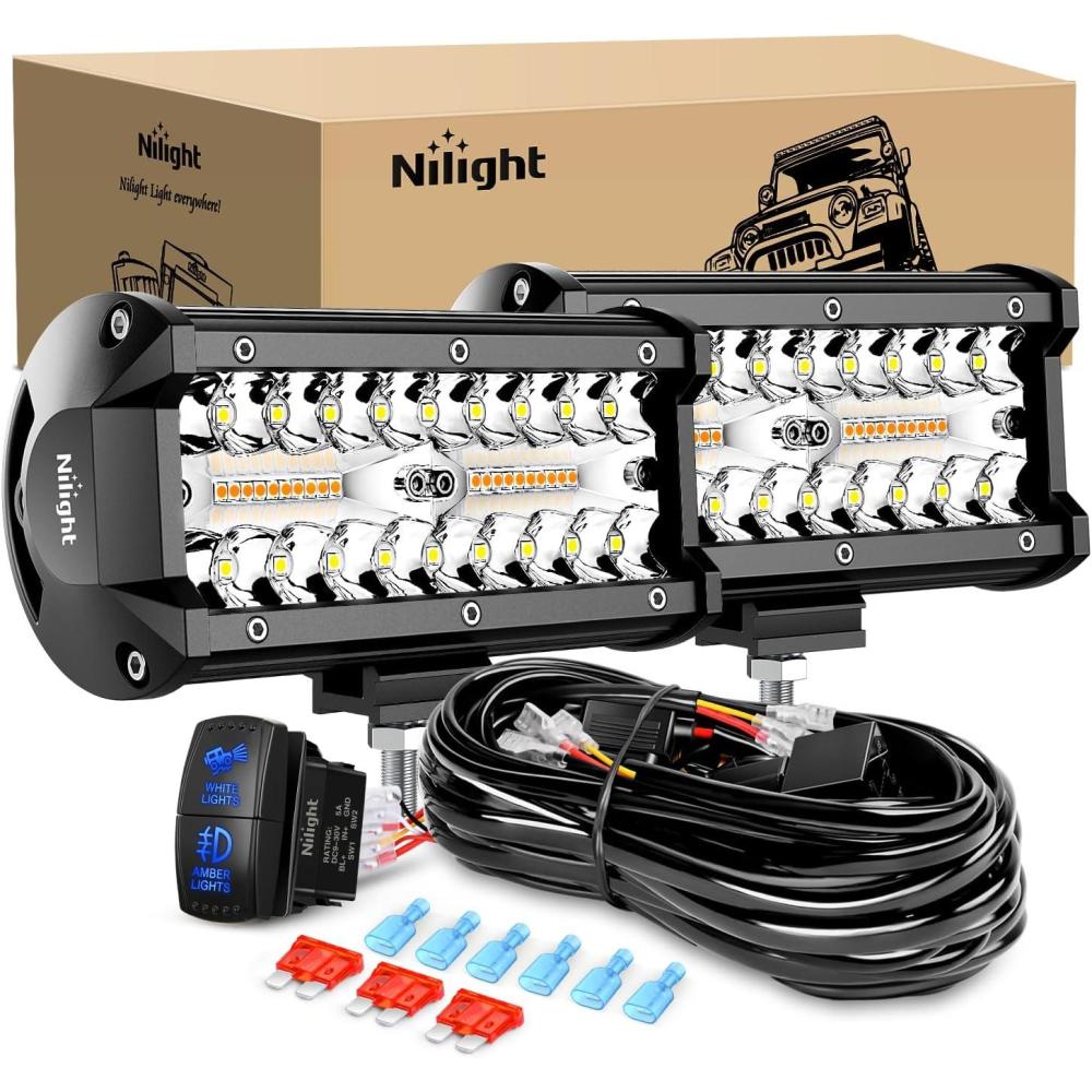imageNilight 65Inch OffRoad LED Light Bar 2PCS 120W 3 Lighting Modes WhiteAmberWhiteampampAmber Driving Fog Light Spot Flood Lights with 18AWG Wiring Harness for Truck Car ATV SUV Jeep BoatAmberWhite 3 Modes