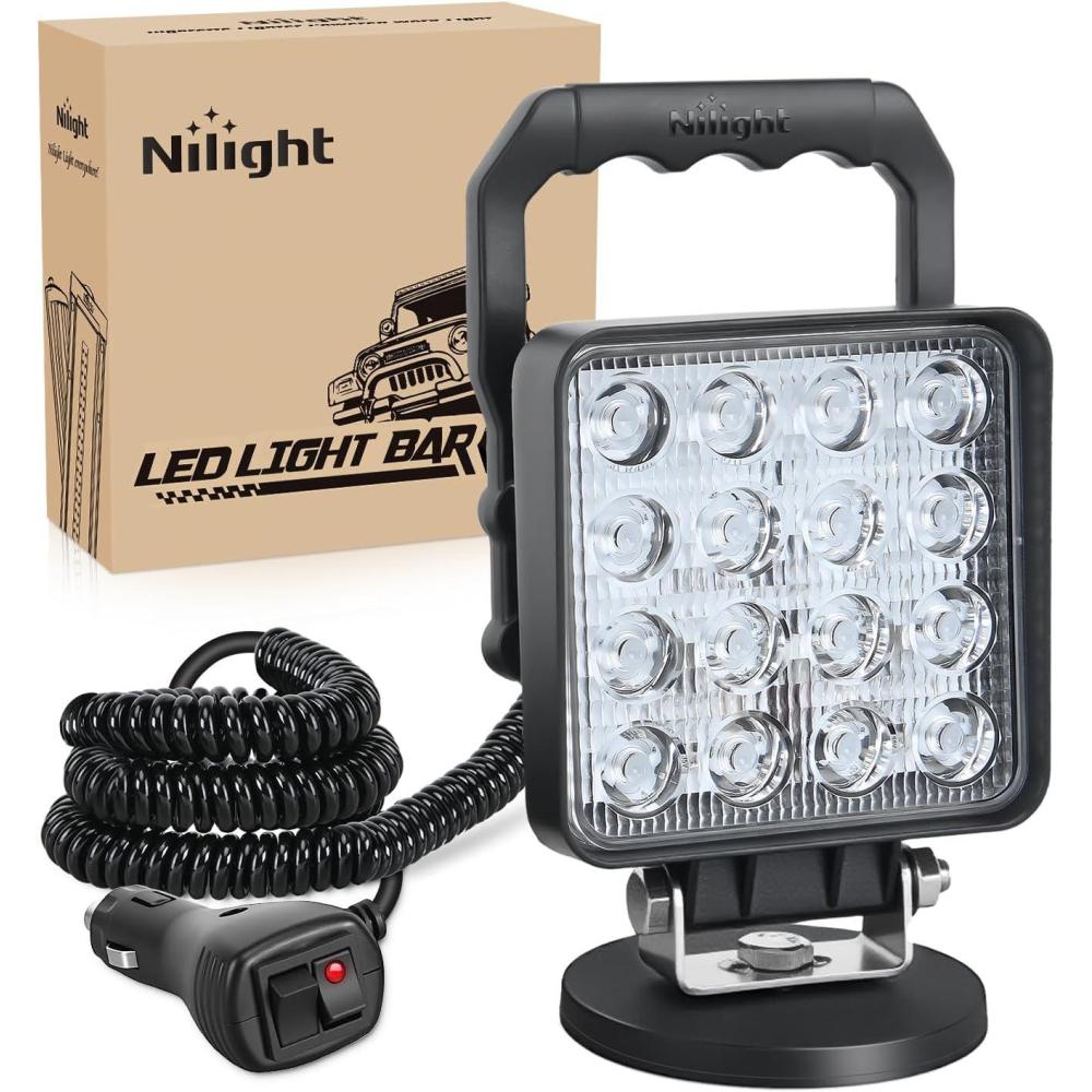 imageNilight LED Light Bar 4Inch 48W Square Portable Flood Pod Cigarette Lighter Powered with Wiring Magnetic Base 16LEDs Fog Driving Work Roof Bumper Lights for Truck Tractor Golf Cart UTVWhite Beam Square Led Pod with Cigarette Lighter Wiring