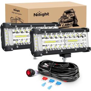 Nilight 6.5Inch Off-Road LED Light Bar, 2PCS 120W 3 Lighting Modes (White/Amber/White&Amber) Driving Fog Light Spot Flood Lights with 18AWG Wiring Harness for Truck Car ATV SUV Jeep Boat(Side Shooter Light + Wiring harness)