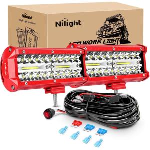 Nilight 6.5Inch Off-Road LED Light Bar, 2PCS 120W 3 Lighting Modes (White/Amber/White&Amber) Driving Fog Light Spot Flood Lights with 18AWG Wiring Harness for Truck Car ATV SUV Jeep Boat(Red Shell with White Light)