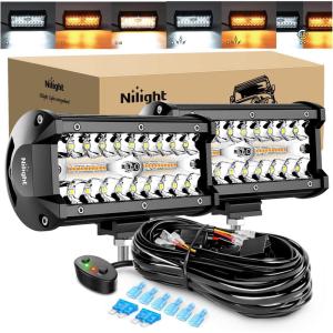 Nilight 6.5Inch Off-Road LED Light Bar, 2PCS 120W 3 Lighting Modes (White/Amber/White&Amber) Driving Fog Light Spot Flood Lights with 18AWG Wiring Harness for Truck Car ATV SUV Jeep Boat(Amber&White 6 Modes)