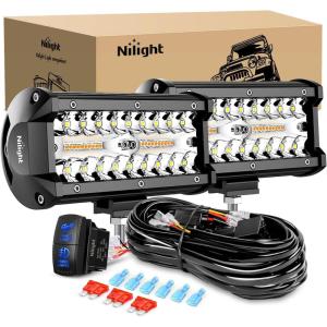 Nilight 6.5Inch Off-Road LED Light Bar, 2PCS 120W 3 Lighting Modes (White/Amber/White&Amber) Driving Fog Light Spot Flood Lights with 18AWG Wiring Harness for Truck Car ATV SUV Jeep Boat(Amber&White 3 Modes)
