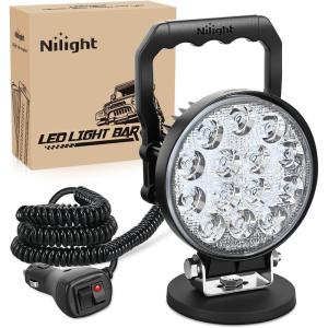 Nilight LED Light Bar 4Inch 48W Square Portable Flood Pod Cigarette Lighter Powered with Wiring Magnetic Base 16LEDs Fog Driving Work Roof Bumper Lights for Truck Tractor Golf Cart UTV(White Beam Round Led Pod with Cigarette Lighter Wiring)