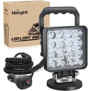 Nilight LED Light Bar 4Inch 48W Square Portable Flood Pod Cigarette Lighter Powered with Wiring Magnetic Base 16LEDs Fog Driving Work Roof Bumper Lights for Truck Tractor Golf Cart UTV(White Beam Square Led Pod with Cigarette Lighter Wiring)
