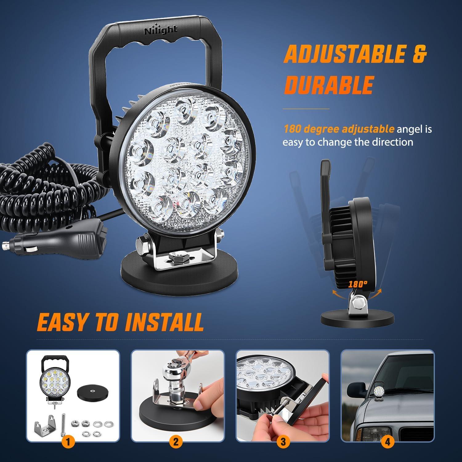 imageNilight LED Light Bar 45Inch 42W Round Portable Flood Pod Cigarette Lighter Powered with Wiring Magnetic Base 14LEDs Fog Driving Work Roof Bumper Lights for Truck Tractor Golf Cart UTV