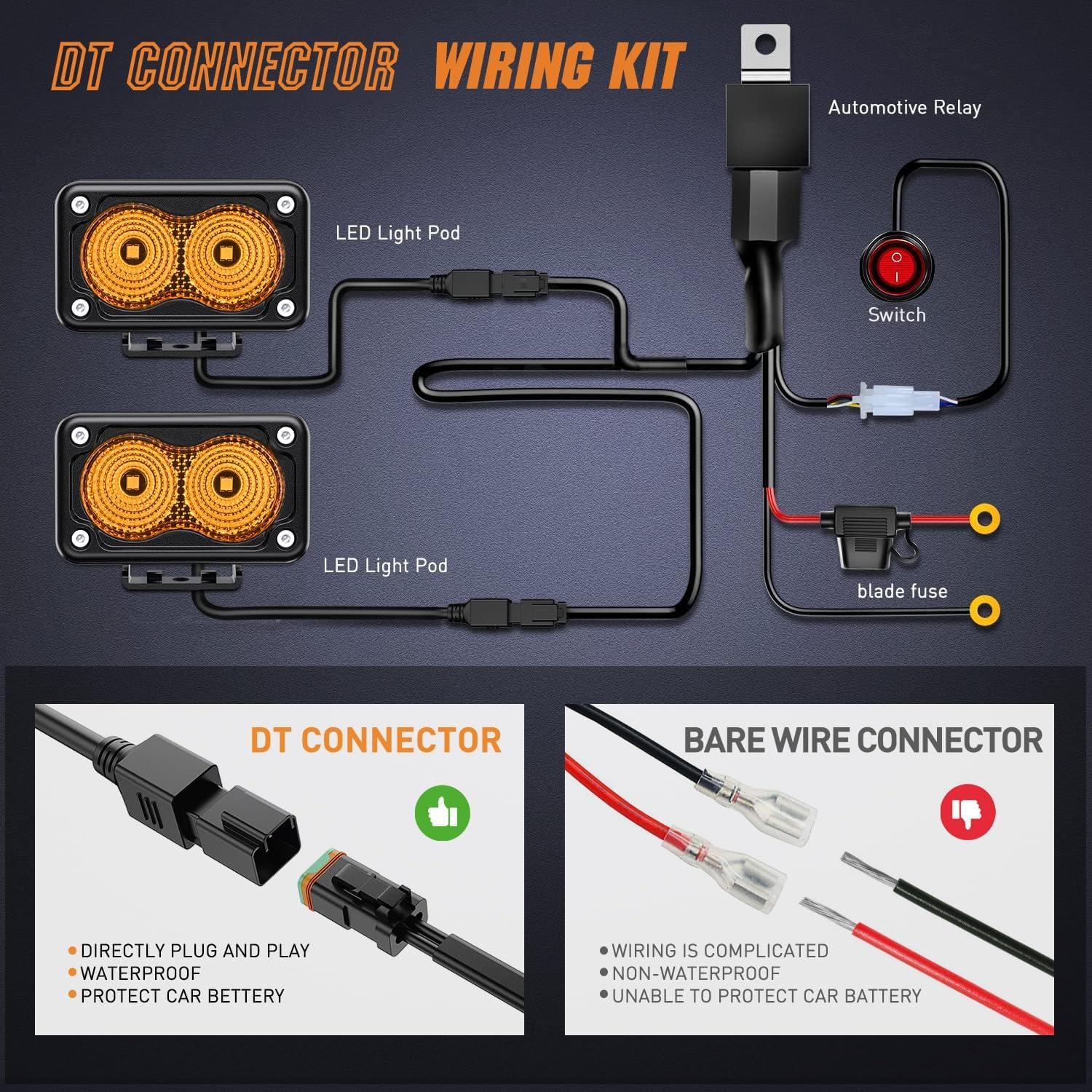 imageNilight Motorcycle LED Pods 2 PCS 3 Inch Flood Offroad Fog Light 1160LM Driving Auxiliary Lights w18AWG DT Wiring Harness Kit for ATV Truck Boat Tractor ForkliftAmber Led Pods Wiring harness