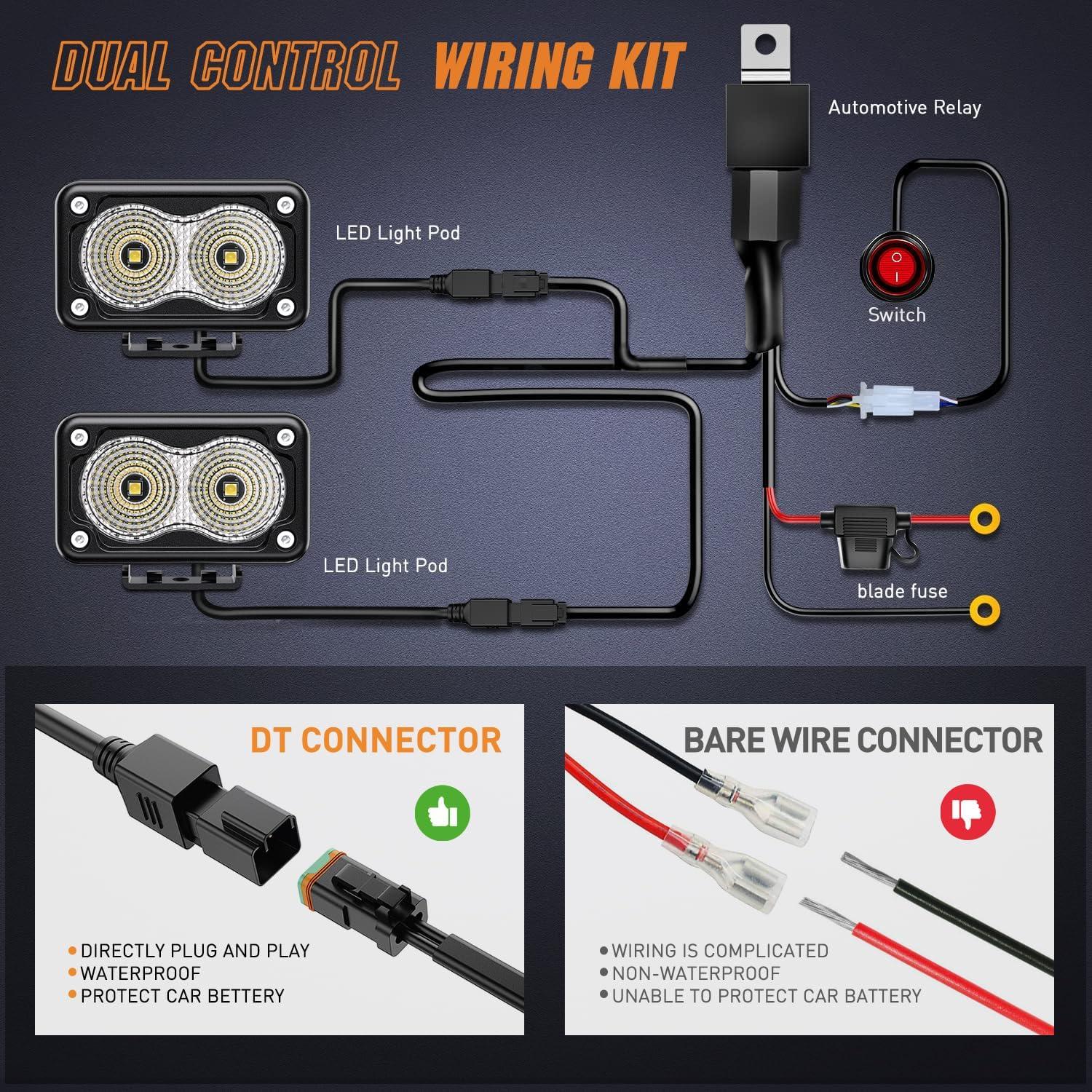 imageNilight Motorcycle LED Pods 2 PCS 3 Inch Flood Offroad Fog Light 1160LM Driving Auxiliary Lights w18AWG DT Wiring Harness Kit for ATV Truck Boat Tractor ForkliftWhite Led Pods Wiring harness