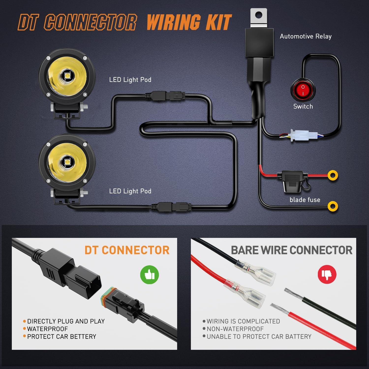 imageNilight Motorcycle Led Pods Amber Fog Lights 2PCS 3Inch Yellow Round led Offroad Builtin EMC Driving Lights w 18AWG DT Wiring Harness Kit for Motorbike SUV ATV Truck Boat Tractor2Pcs White Lights Wiring harness