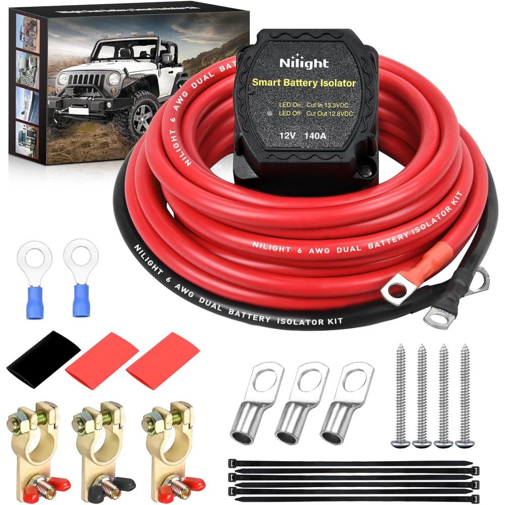 imageNilight Dual Battery Isolator Kit Smart Adjustable 12V 140 AMP Auto Manual Voltage Sensitive Relay VSR Automatic Disconnect Switch Delay Setting Waterproof for Truck Car Van RV ATV UTV Marine Boat140 Amp Kit
