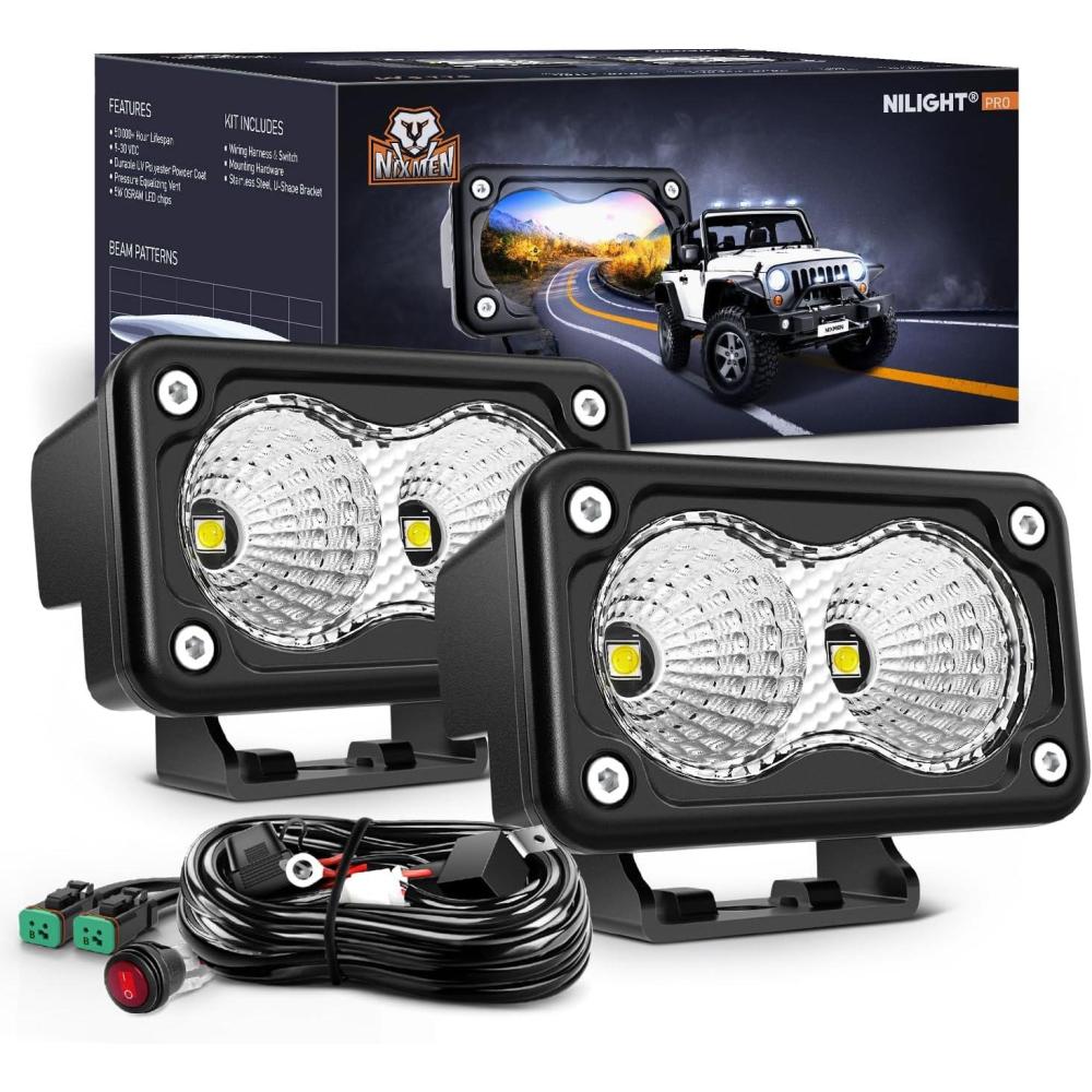 imageNilight Motorcycle LED Pods 2 PCS 3 Inch Flood Offroad Fog Light 1160LM Driving Auxiliary Lights w18AWG DT Wiring Harness Kit for ATV Truck Boat Tractor ForkliftWhite Led Pods Wiring harness