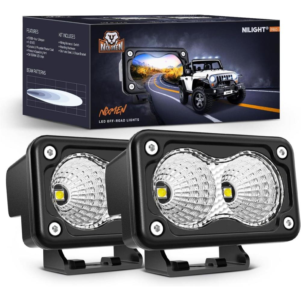 imageNilight Motorcycle LED Pods 2 PCS 3 Inch Flood Offroad Fog Light 1160LM Driving Auxiliary Lights w18AWG DT Wiring Harness Kit for ATV Truck Boat Tractor ForkliftWhite Led Pods