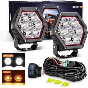 Nilight 4 Inch Hexagon LED Pod Lights with DRL 30 W 2600LM 10°Super Spot Auxiliary Offroad Driving Work Light w/ 16AWG Wiring Harness Kit for Truck UTV ATV SUV 4×4(4 Inch Pod Lights with Amber DRL)