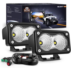 Nilight Motorcycle LED Pods 2 PCS 3 Inch Flood Offroad Fog Light 1160LM Driving Auxiliary Lights w/18AWG DT Wiring Harness Kit for ATV Truck Boat Tractor Forklift(White Led Pods +Wiring harness)