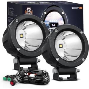 Nilight Motorcycle Led Pods Amber Fog Lights 2PCS 3Inch Yellow Round led Offroad Built-in EMC Driving Lights w/ 18AWG DT Wiring Harness Kit for Motorbike SUV ATV Truck Boat Tractor(2Pcs White Lights +Wiring harness)