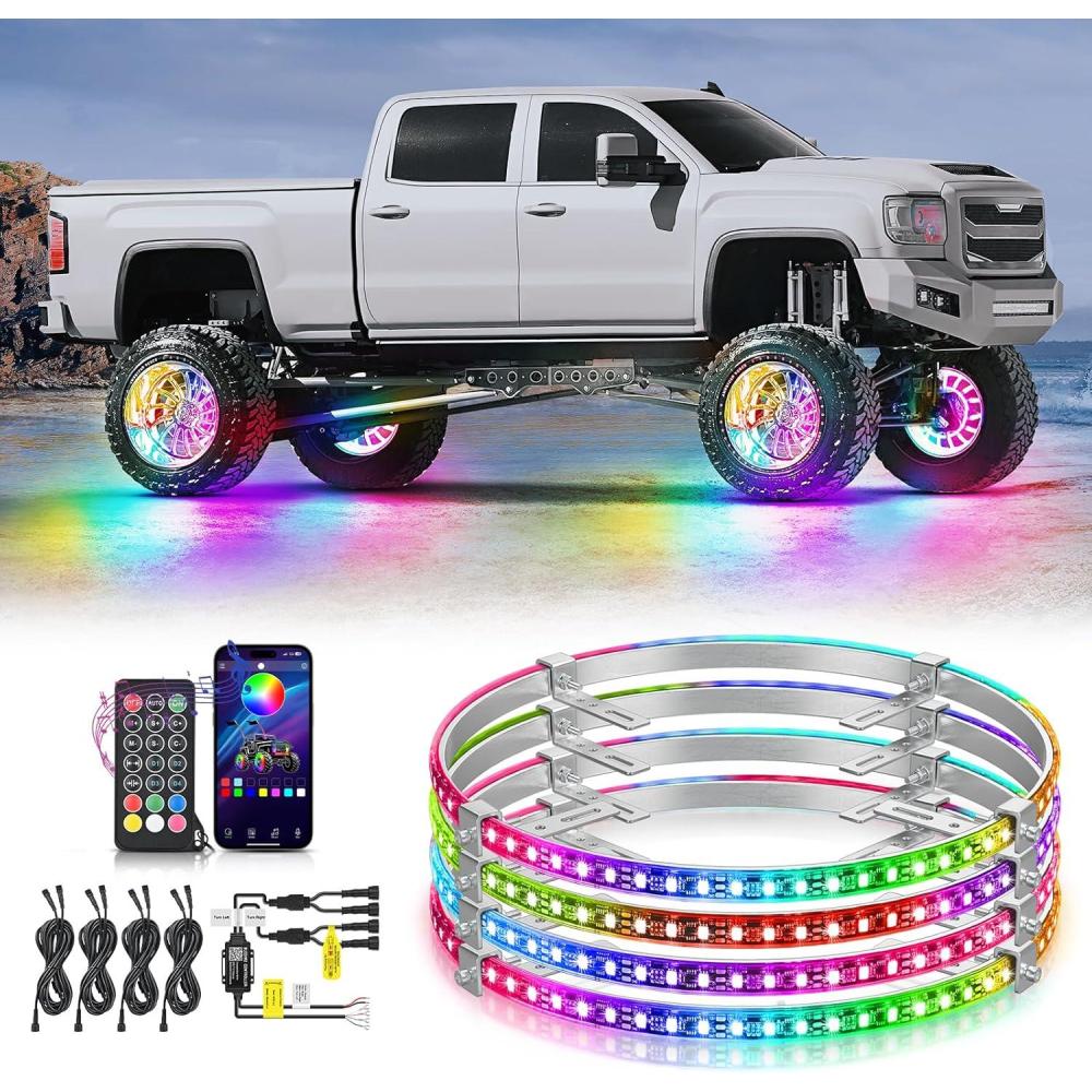imageNilight 4PCS 155inch Double Row LED Wheel Ring Lights Pure White with Wiring Harness Kit Rocker Switch Control Dual Row for Car Van SUV TruckDream ColorSingle Row