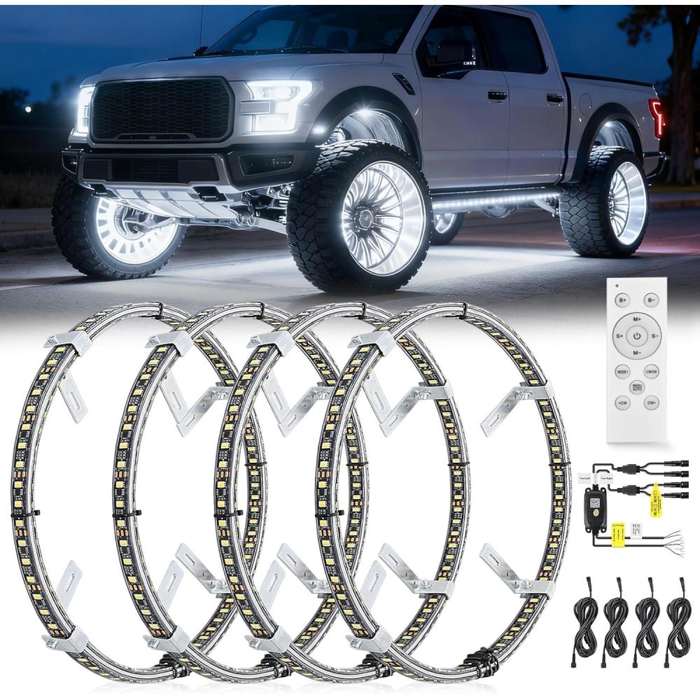 imageNilight 4PCS 155inch Double Row LED Wheel Ring Lights Pure White with Wiring Harness Kit Rocker Switch Control Dual Row for Car Van SUV TruckPure White wRemote