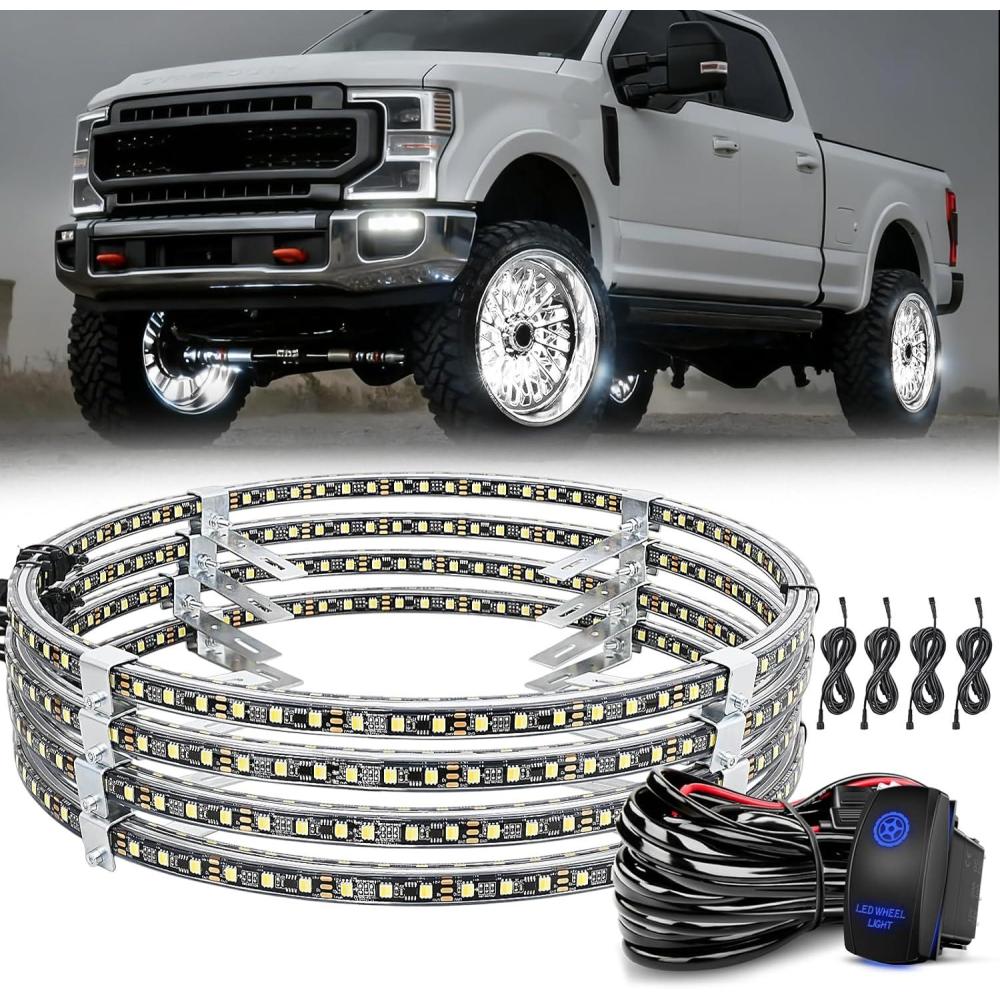 imageNilight 4PCS 155inch Double Row LED Wheel Ring Lights Pure White with Wiring Harness Kit Rocker Switch Control Dual Row for Car Van SUV TruckPure White