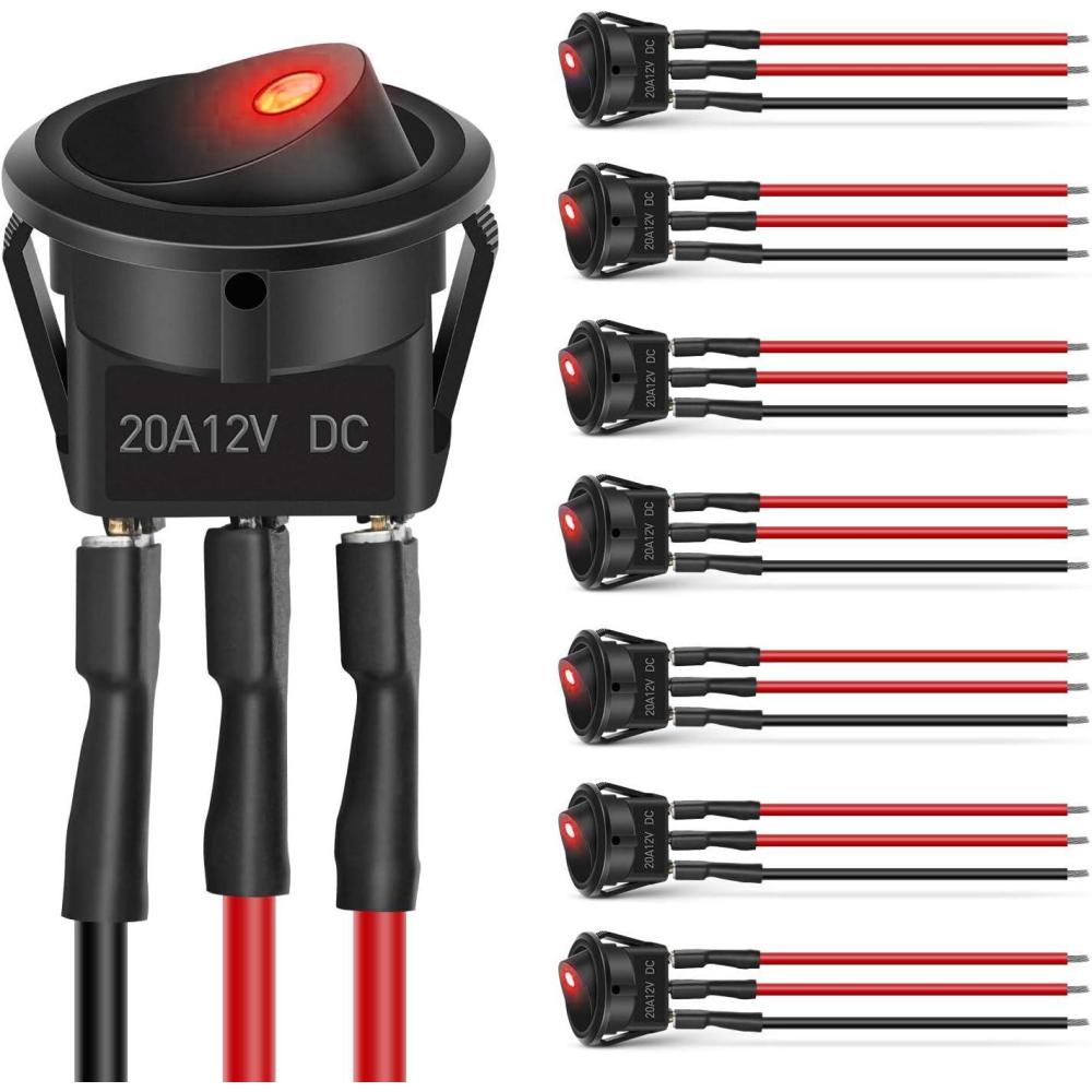 imageNilight 8PCS 12V 20A Round Blue Toggle LED Rocker Switch OnOff Control SPST 3Pins for 12V Car Truck Boat Marine OffRoad Vehicle with 24PCS Wires8Pcs LED Switch Red