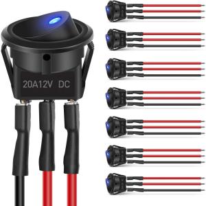Nilight 8PCS 12V 20A Round Blue Toggle LED Rocker Switch On-Off Control SPST 3Pins for 12V Car Truck Boat Marine Off-Road Vehicle with 24PCS Wires(8Pcs Universal Switch)