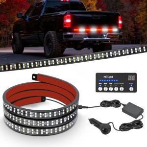 Nilight Truck Tailgate Light Strip 60″ Quad Row 648 LED Strip with Red Running Brake Lights White Reverse Lamp Amber Turn Signals(60″ Tailgte Strobe w/ Controller Red White)