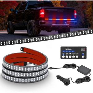 Nilight Truck Tailgate Light Strip 60″ Quad Row 648 LED Strip with Red Running Brake Lights White Reverse Lamp Amber Turn Signals(60″ Tailgte Strobe w/ Controller Red Blue)