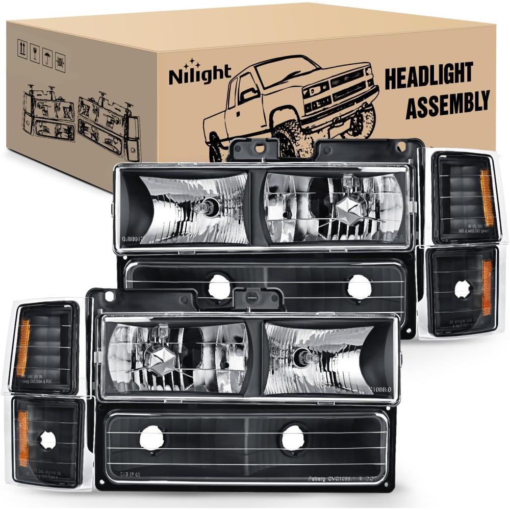 imageNilight Headlight Assembly for 1994 1995 1996 1997 1998 Chevy Silverado Tahoe Suburban C10 CK 1500 2500 3500 Replacement Headlamp Black Housing Amber Reflector Bumper Corner LampBlack Housing  Amber Reflector
