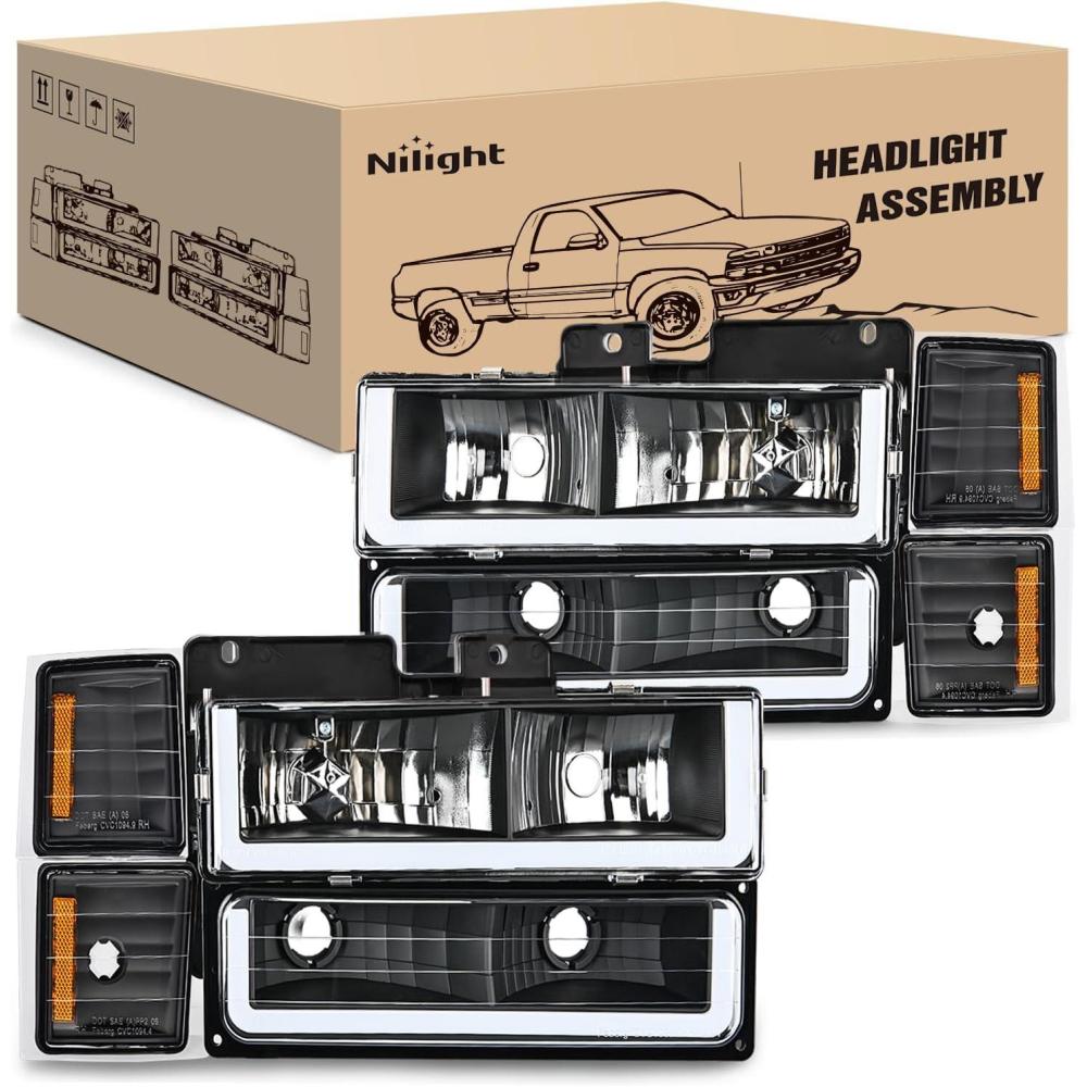 imageNilight Headlight Assembly for 1994 1995 1996 1997 1998 Chevy Silverado Tahoe Suburban C10 CK 1500 2500 3500 Replacement Headlamp Black Housing Amber Reflector Bumper Corner LampBlack Amber Reflector
