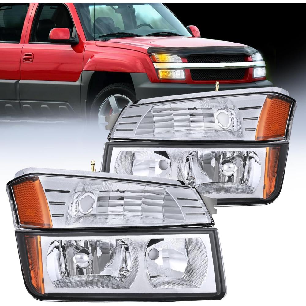 imageNilight Headlight Assembly for 2002 2003 2004 2005 2006 Chevy Avalanche with Body Cladding Pickup Truck Replacement Headlamp Chrome Housing Amber Reflector Driver and Passenger SideChrome Housing Amber Reflector
