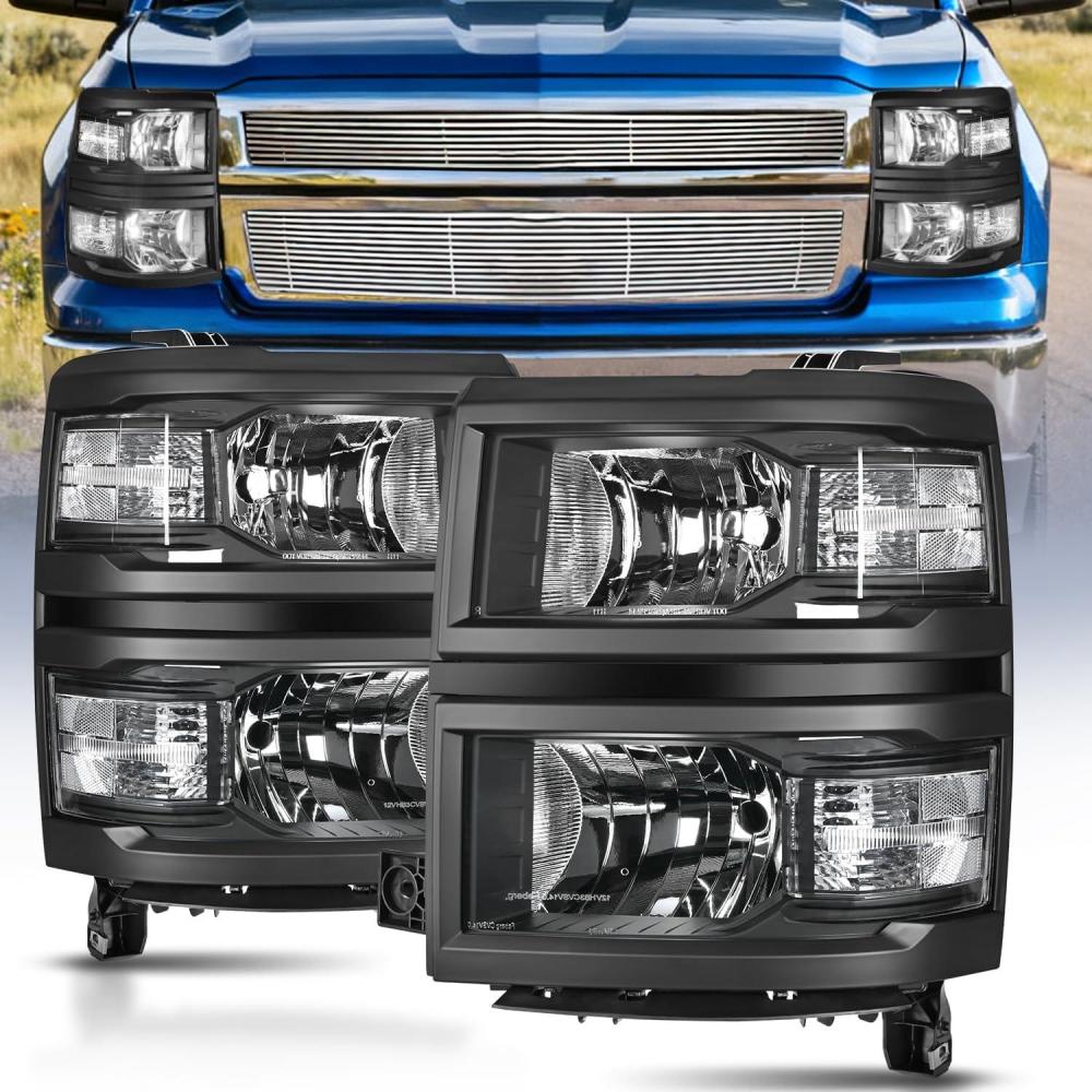 imageNilight Headlight Assembly for 2014 2015 Chevy Silverado 1500 Pickup Truck Replacement Headlamp Black Housing Clear Reflector Driver and Passenger SideBlack Housing Clear Reflector
