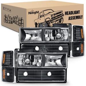 Nilight Headlight Assembly for 1994 1995 1996 1997 1998 Chevy Silverado Tahoe Suburban C10 C/K 1500 2500 3500 Replacement Headlamp Black Housing Amber Reflector Bumper Corner Lamp(Black Housing + Amber Reflector)