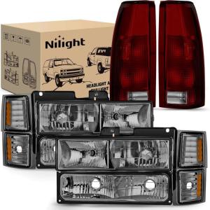 Nilight Headlight Assembly for 1994 1995 1996 1997 1998 Chevy Silverado Tahoe Suburban C10 C/K 1500 2500 3500 Replacement Headlamp Black Housing Amber Reflector Bumper Corner Lamp(Smoke Lens Amber Reflector w/Taillight)