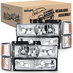 Nilight Headlight Assembly for 1994 1995 1996 1997 1998 Chevy Silverado Tahoe Suburban C10 C/K 1500 2500 3500 Replacement Headlamp Black Housing Amber Reflector Bumper Corner Lamp(Chrome Housing + Amber Reflector)