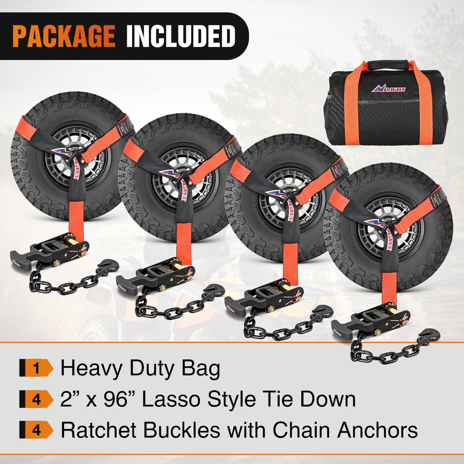 imageNilight Car Tie Down Straps with Chain Hook Anchors 4 Pack Adjustable Wheel Straps 2quot x 96quot Lasso Style 3674 lbs Safe Working Load Comes with Bag for Truck Cars UTV Orange
