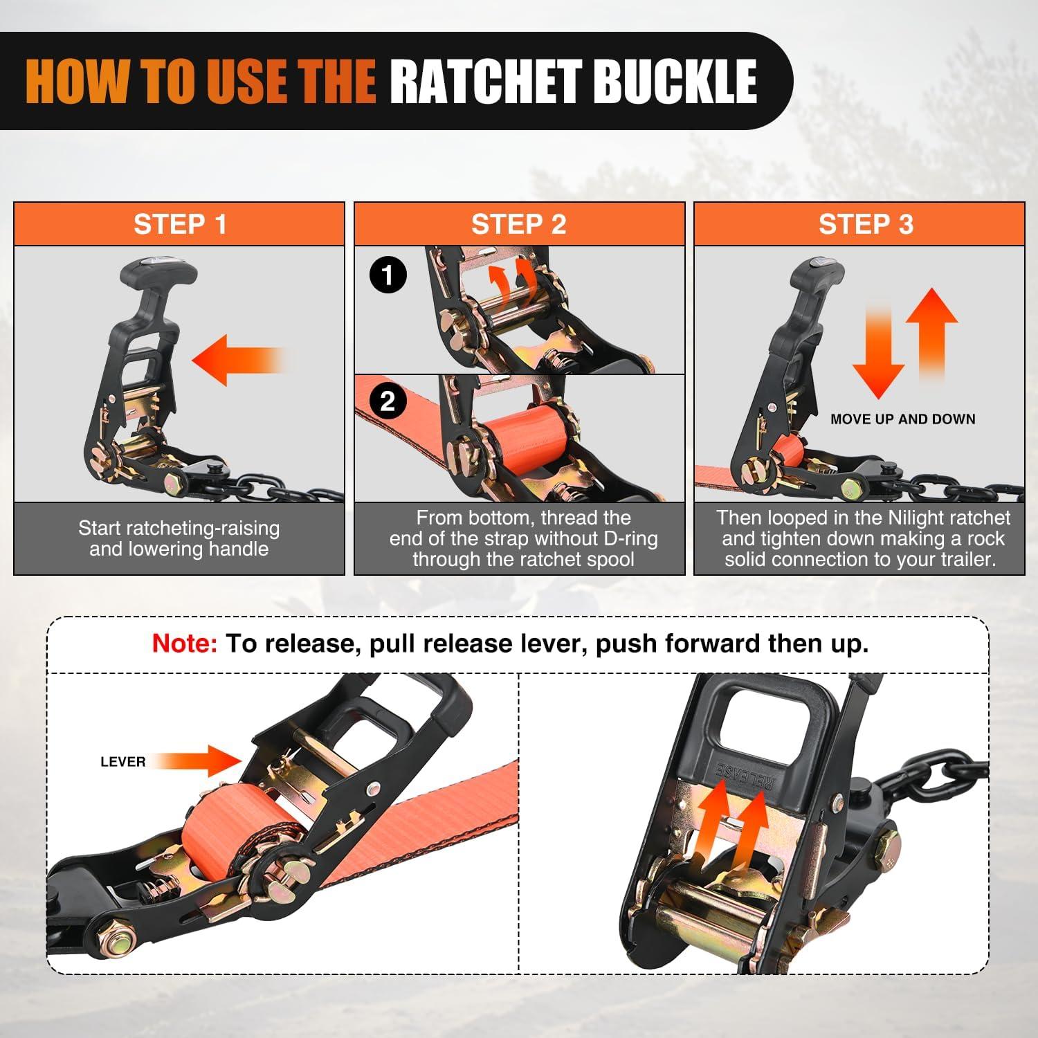 imageNilight Car Tie Down Straps with Chain Hook Anchors 4 Pack Adjustable Wheel Straps 2quot x 96quot Lasso Style 3674 lbs Safe Working Load Comes with Bag for Truck Cars UTV Orange