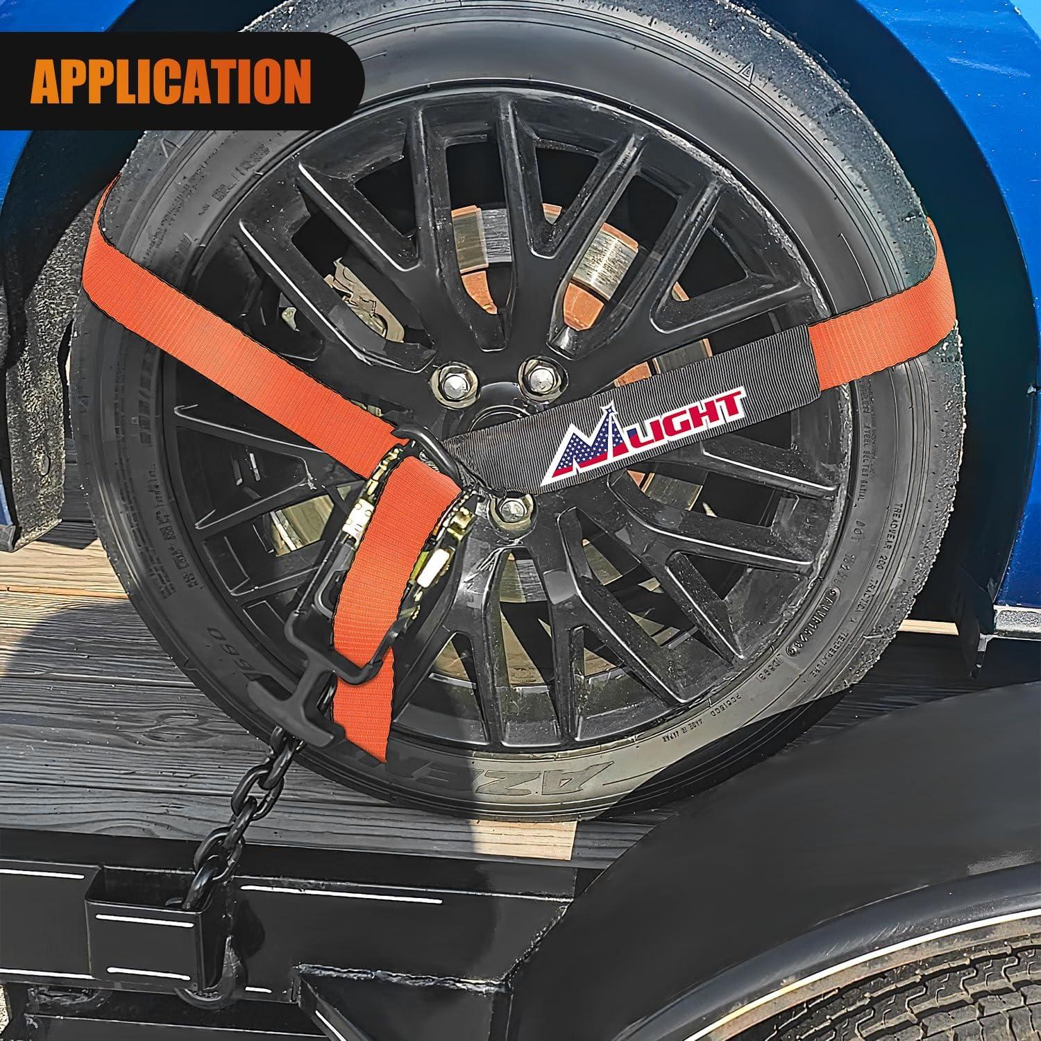 imageNilight Car Tie Down Straps with Chain Hook Anchors 4 Pack Adjustable Wheel Straps 2quot x 96quot Lasso Style 3674 lbs Safe Working Load Comes with Bag for Truck Cars UTV Orange
