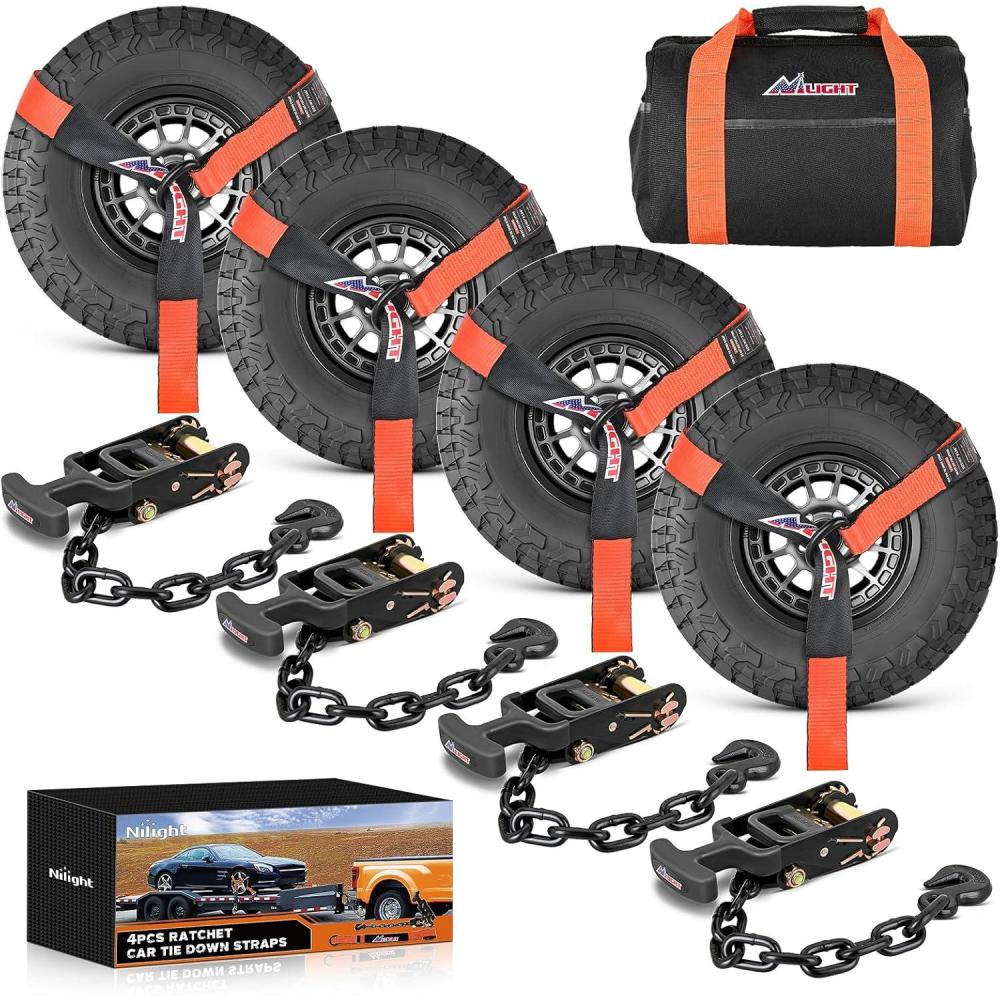 imageNilight Car Tie Down Straps with Chain Hook Anchors 4 Pack Adjustable Wheel Straps 2quot x 96quot Lasso Style 3674 lbs Safe Working Load Comes with Bag for Truck Cars UTV Orange