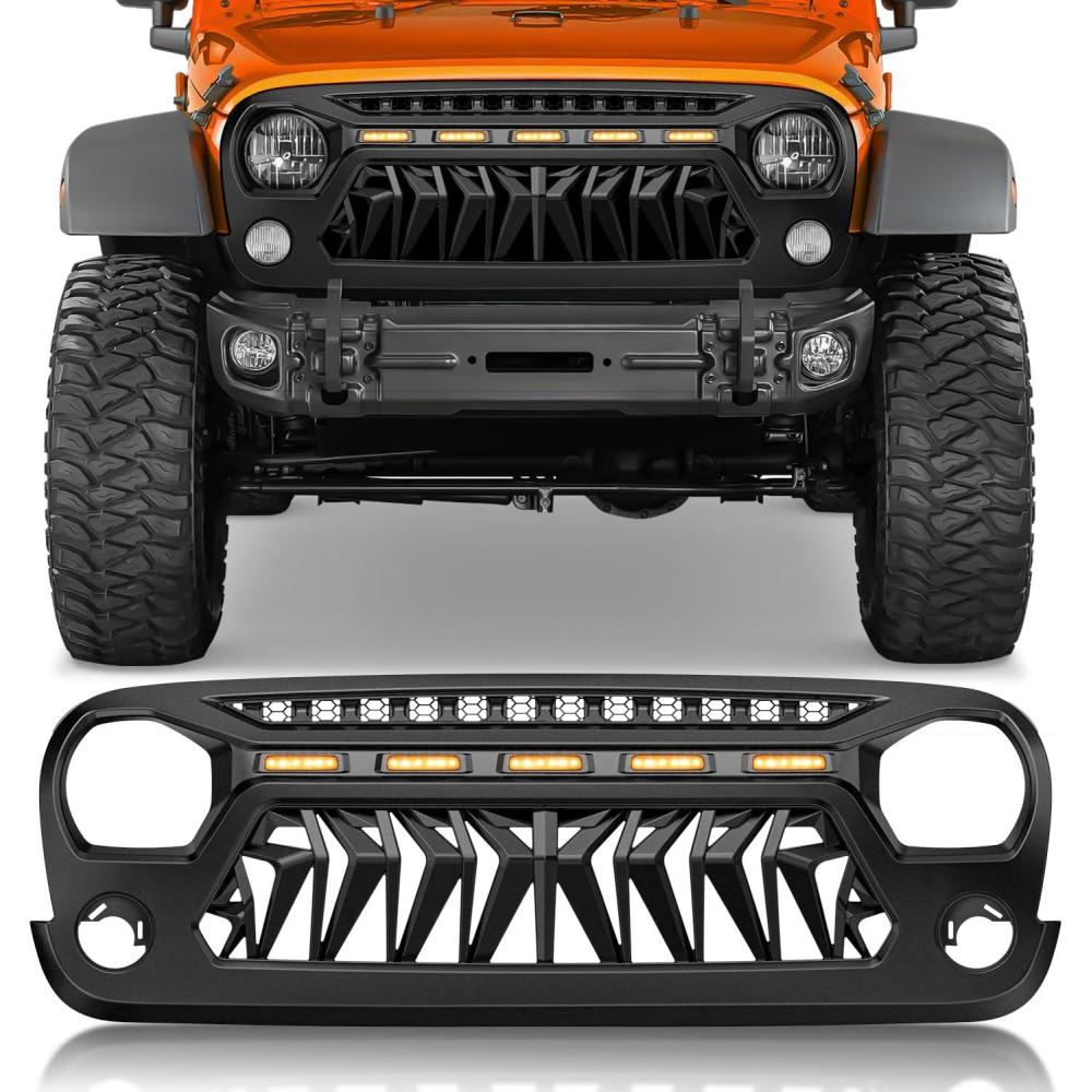 imageNilight Front Grille Cover for 2018 2019 2020 2021 2022 2023 2024 2025 Wrangler JL and Gladiator JT with LED Amber Lights Matte BlackFor 20072018 JK Shark Mouth