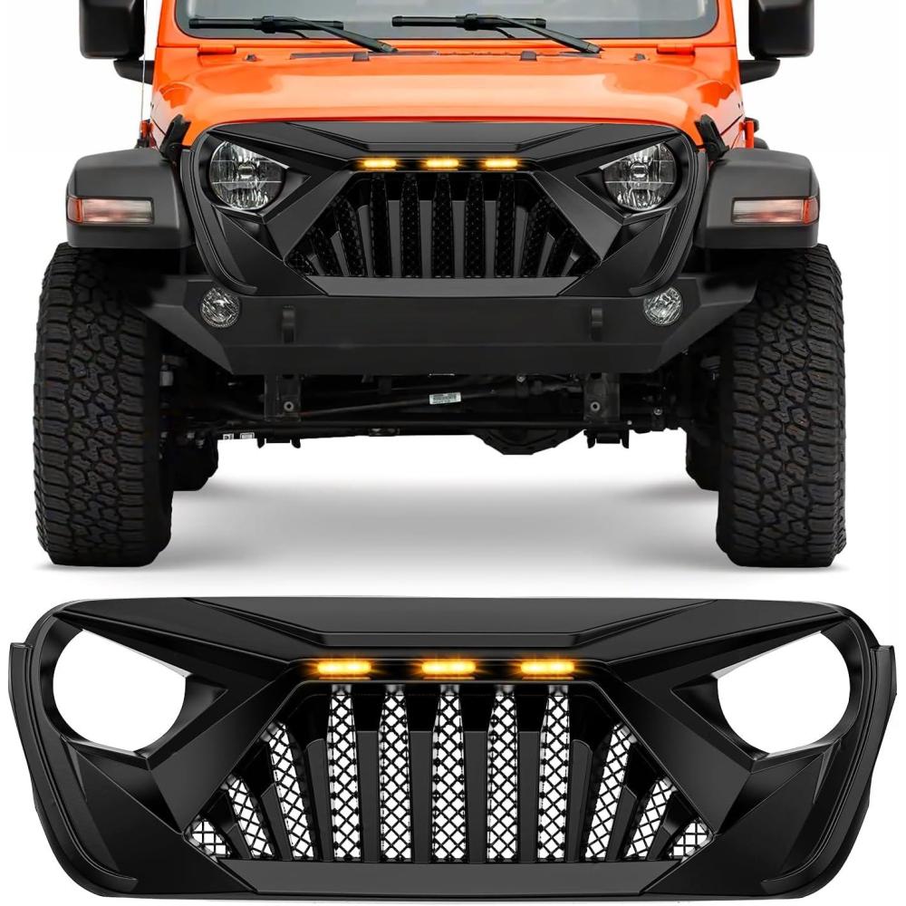 imageNilight Front Grille Cover for 2018 2019 2020 2021 2022 2023 2024 2025 Wrangler JL and Gladiator JT with LED Amber Lights Matte BlackFor 20182025 JLJT