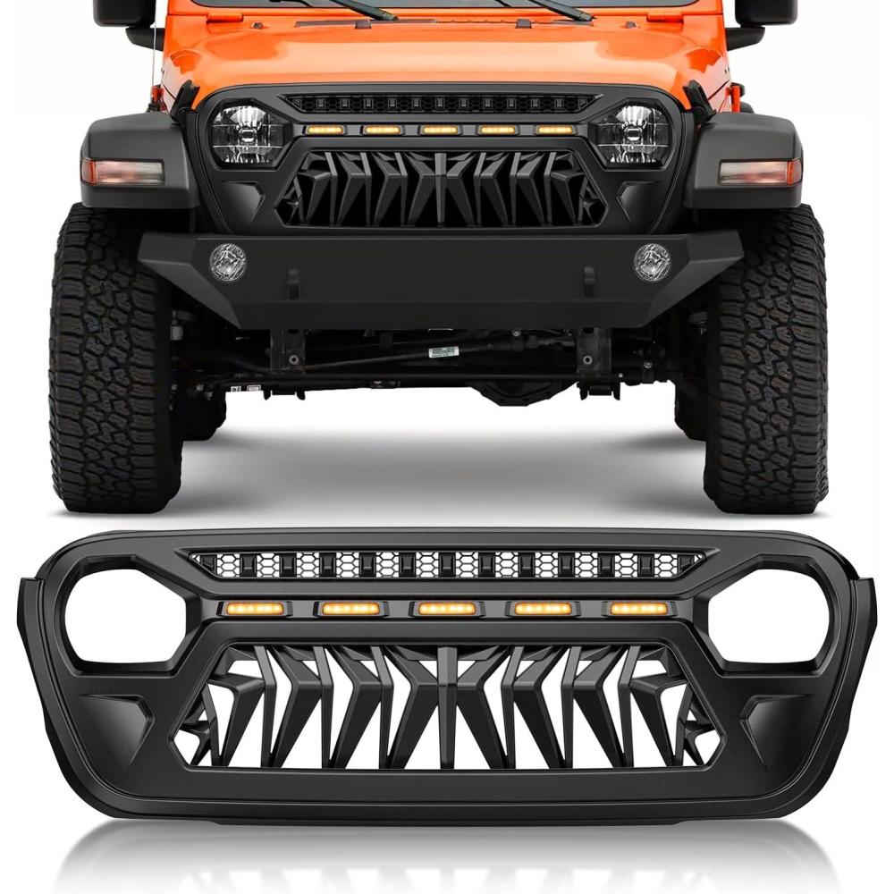 imageNilight Front Grille Cover for 2018 2019 2020 2021 2022 2023 2024 2025 Wrangler JL and Gladiator JT with LED Amber Lights Matte BlackFor 20182025 JLJT Shark Mouth