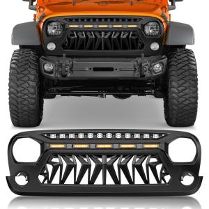 Nilight Front Grille Cover for 2018 2019 2020 2021 2022 2023 2024 2025 Wrangler JL and Gladiator JT with LED Amber Lights Matte Black(For 2007-2018 JK Shark Mouth)